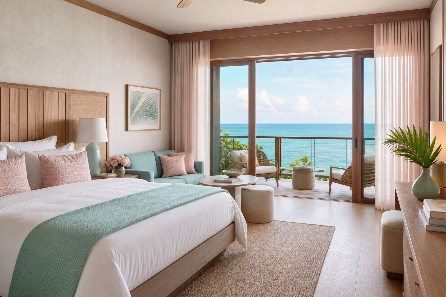 Suite costera con vista al océano y decoración turquesa y rosada