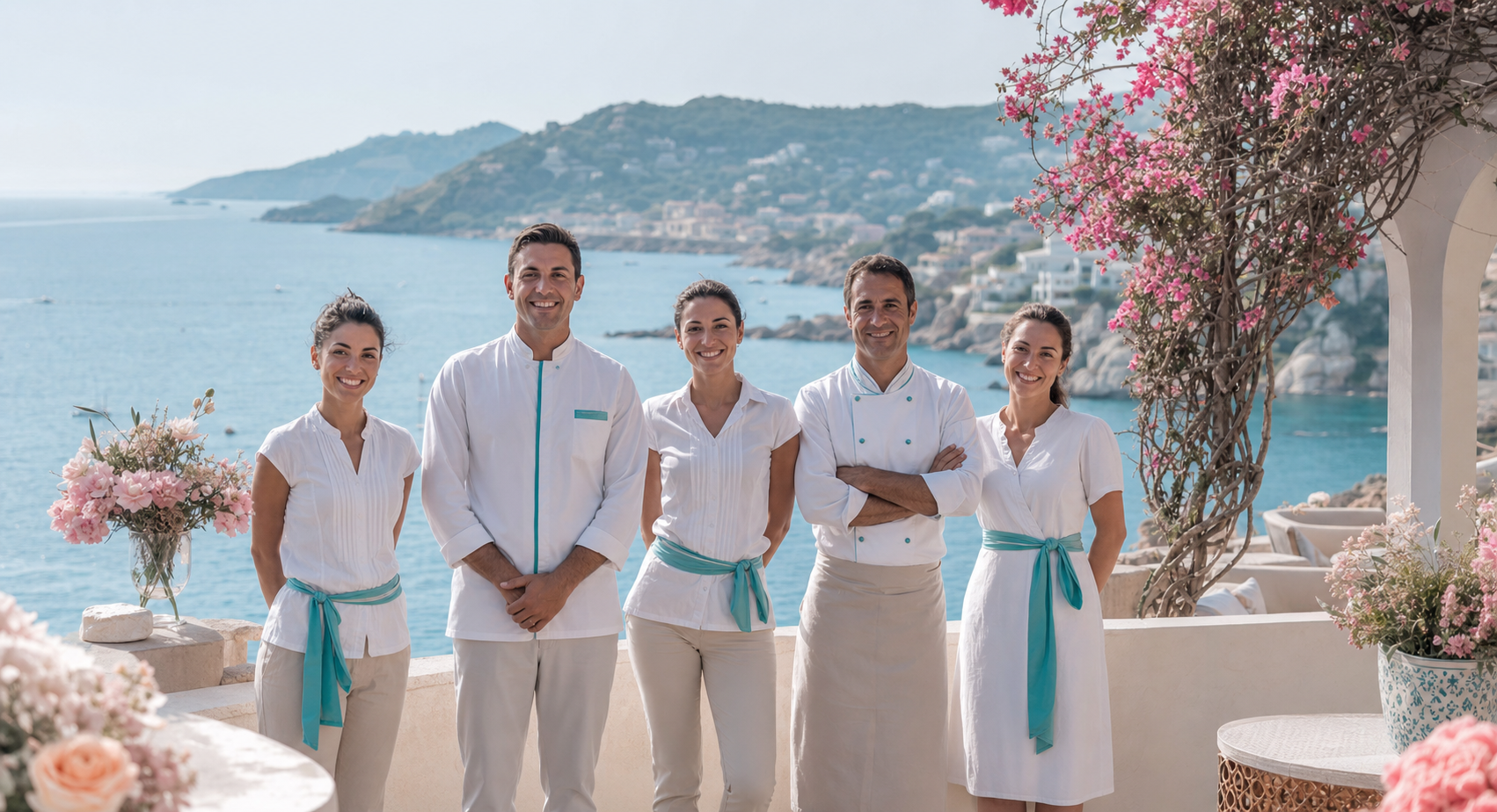 Equipo de Hotel-Marino en una terraza frente al mar